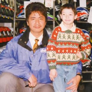 Hiro Kimura of Arai Helmet Ltd with my son Sean at Arai (late 1990’s) – future helmet tech?