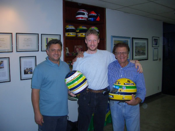 Sid Mosca, James Penrose, Alan Mosca with one of the two 1995 Brasil  GP Rubens Barrichello helmets and one of Ayrton’s helmets. Sid Mosca, James Penrose, Alan Mosca with one of the two 1995 Brasil  GP Rubens Barrichello helmets and one of Ayrton’s helmets.